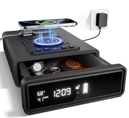 Smart Biometric Safe with Wireless Charging for Phone & Watch, 3 Access Methods to Unlock, Nightstand Drawer Safe LED Display with Humidity & Temperature Monitoring, Stopbox for Cash and Valuables - Image 1