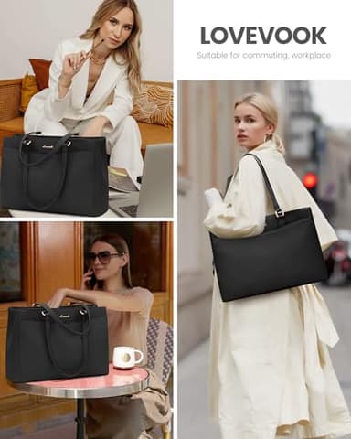 LOVEVOOK Laptop Bag Tote Bag for Women, Work Bags Teacher Tote Bag, Waterproof Leather Computer Bag, Business Laptop Purse Office Handbag Professional Briefcase, 15.6 Inch, Black - Image 6