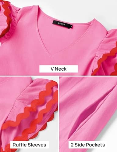 ZESICA Womens 2025 Summer Casual Midi Dresses V Neck Flutter Short Sleeve Ruffle Tiered A Line Flowy Beach Long Dress,Rose,X-Large - Image 6