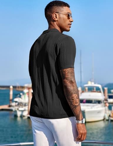 COOFANDY Men's Short Sleeve Knit Shirts Vintage Button Down Polo Shirt Casual Beach Tops, Black, Large - Image 3