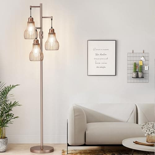 Ziisee Dimmable Floor Lamps for Living Room, Industrial Tree Standing Tall Lamps with 3 Elegant Cage Shade & 800 Lumens LED Bulbs for Bedroom Office - Brown - Image 1