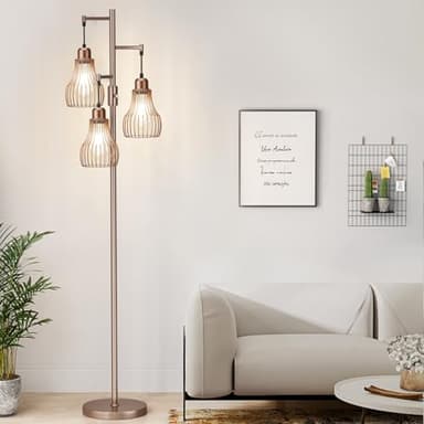 Ziisee Dimmable Floor Lamps for Living Room, Industrial Tree Standing Tall Lamps with 3 Elegant Cage Shade & 800 Lumens LED Bulbs for Bedroom Office - Brown - Image 1