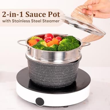 JEETEE 1.5 Quart Saucepan with Steamer Basket, Small Sauce Pot with Lid，Nonstick Coating with Pour Spout, Induction Compatible Cookware Sauce Pan for Cooking, PFOA/PFOS Free - Image 2