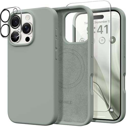 GONEZ Magnetic for iPhone 16 Pro Case, Compatible with MagSafe, [Screen Protector + Camera Lens Protector], Silicone Shockproof Anti-Scratch Protective Phone Case 6.3 inch, Calke Green - Image 1