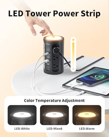 AnnTane Power Strip Tower with Night Light, Power Strip Surge Protector with USB Ports, Extension Cord 10 FT with Multiple Outlets (12AC+3A+2C) for Home Office Desk DormRoom (Black) - Image 4