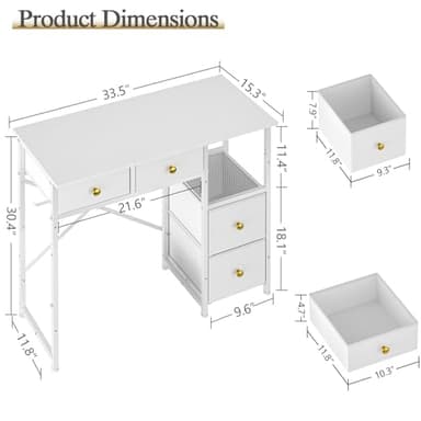 3IngSeagulls Small Computer Desk with 4 Fabric Drawers, Simple Writing Desk for Home Office, Compact Study Desks for Small Spaces, Kids Desk Study for Bedroom, White - Image 2