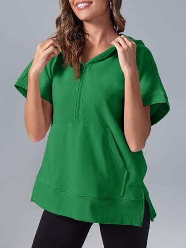 Fisoew Womens Oversized Half Zip Hoodies Short Sleeve Casual Sweatshirts Pullover Tops with Pockets Green - Image 2