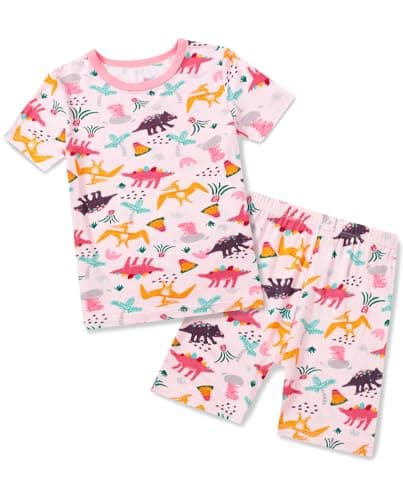 babee Reshinee Bamboo Viscose Toddler Girls Kids Pajama Sets Short Summer Cool Snug fit Sleepwear Pjs 2pcs Set 4-5Y Pink Dino - Image 1