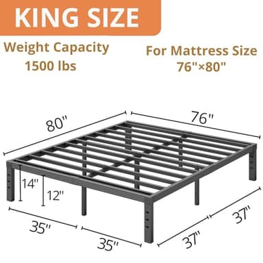 ZIYOO King Bed Frame, 1500lbs Heavy Duty Steel Slat, 14 Inches Platform Bed Frame, Non-Slip Design, No Box Spring Needed, Easy Assembly, Quiet Noise Free, Under Bed Storage Space, Black - Image 3