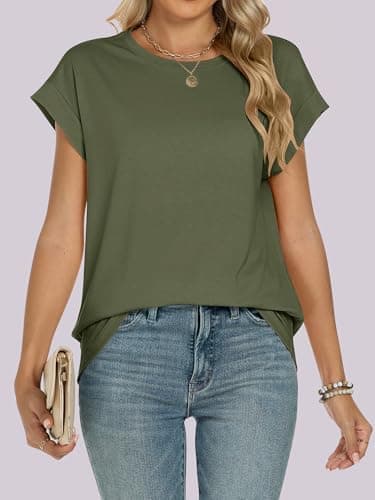 ANRABESS Womens Tops Summer Cap Sleeve Basic Tee Shirts 2025 Trendy Loose Fit Casual Dressy Business Work Tshirts Clothes Army Green Large - Image 6