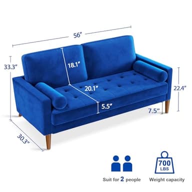 Vesgantti Blue Velvet 56" Mid-Century Modern Loveseat Sofa, 2 Seater with Tufted Seat, Sturdy Wooden Frame, Indoor Use - Image 3