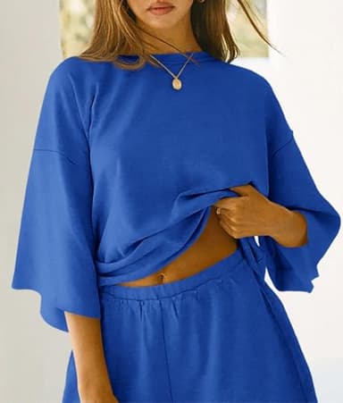 Tankaneo Womens Pajama Sets 3/4 Sleeve Oversized Tops and Elastic Waist Shorts Lounge Sets Loungewear Blue - Image 4