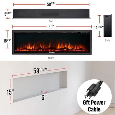 Westinghouse 60 Inch Electric Fireplace Heater, Compatible with Alexa & Google Home, Wall Mount or in-Wall Recessed Fireplace Insert, 24 Hour Timer, Color Changing Flames, 750W/1500W Indoor Heater - Image 4