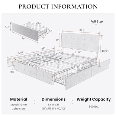 SHA CERLIN Upholstered Full Size Platform Bed Frame with 4 Storage Drawers, Adjustable Headboard with Square Stitched Button Tufted Design, Wooden Slat Support, No Box Spring Needed, Light Grey - Image 2