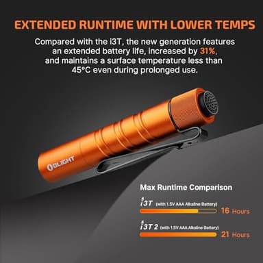 OLIGHT I3T 2 EOS Pocket EDC Flashlight, 200 Lumens Compact Bright Handheld Flash Lights, Dual-Output Tail Switch with AAA Battery and Two-Way Pocket Clip for Camping and Hiking (Orange) - Image 5