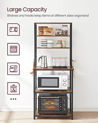 VASAGLE Coffee Bar, Baker’s Rack for Kitchen with Storage, 6-Tier Kitchen Shelves with 6 Hooks, Microwave Stand, Industrial, 15.7 x 23.6 x 65.7 Inches, Rustic Brown and Black UKKS024B01 - Image 5