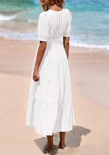 PRETTYGARDEN Summer Dresses for Women 2025 Elegant Classy Short Sleeve V Neck Ruffle A Line Belted Long Beach Vacation Dress (White,Small) - Image 2