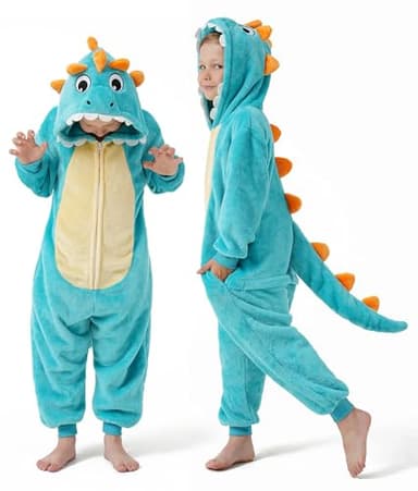 DILUFUN Kids Boys Girls Dinosaur Onesie Costume,One Piece Pajamas,Halloween Funny Animal Onesie Cosplay Costume Sleepwear,Dinosaur GR 7-8Y - Image 1