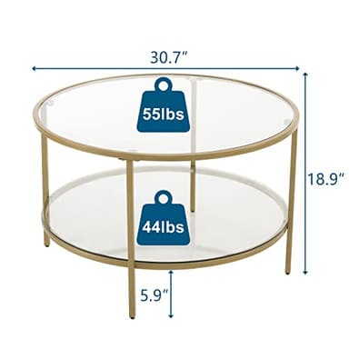 VINGLI Glass Coffee Table, 30" Round Champagne Gold Coffee Tables for Living Room,2-Tier Glass Top Coffee Table with Storage Clear Coffee Table,Simple & Modern Center Table Mesa de Centro para Sala - Image 2