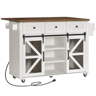RALGEND Kitchen Island with Storage, 55" Kitchen Cart with Charging Station, Rolling Kitchen Island Table with Drop-Leaf, 3 Drawers, Barn Doors, Towel Rack and Spice Rack, White and Walnut - Image 9