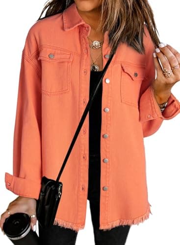Dokotoo Jean Jacket Women Fashion Spring Summer Country Concert Outfits Casual Long Sleeve Denim Shirt Distressed Boyfriend Denim Jacket Shackets Western Jean Jacket Womens Clothing Orange Jackets XXL - Image 1