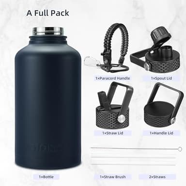 BJPKPK Half Gallon Insulated Water Bottles with Straw Lid, 64oz Large Water Jug, Stainless Steel Bottles with 3 Lids and Paracord Handle, Thermo for Hot & Cold Liquid, Navy Blue - Image 5