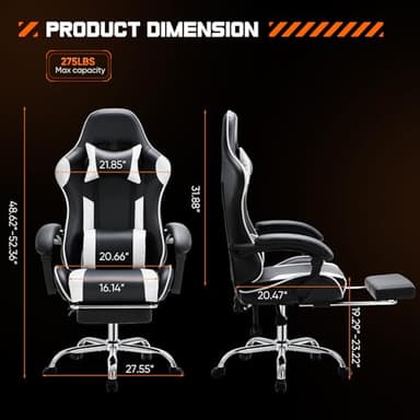 DUMOS Ergonomic Gaming Desk Chair - PU Leather Recliner with Footrest, Lumbar Support, Headrest, Fixed Armrests, Height Adjustable, 360° Swivel, White, for Adults - Image 3