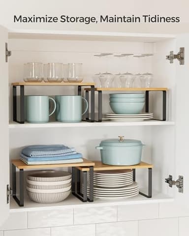 SONGMICS Cabinet Organizer Shelf, Set of 2 Kitchen Counter Shelves, Kitchen Storage, Spice Rack, Stackable, Expandable, Metal and Engineered Wood, Ink Black and Natural Beige UKCS02NB - Image 4