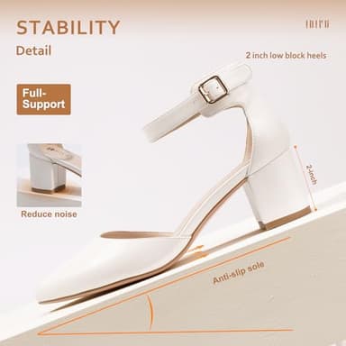 IDIFU Women's IN2 Pedazo Dress Shoes Low Block Heels Comfortable Chunky Closed Toe Ankle Strap Wedding Pumps(White Pu, 9.5 B(M) US) - Image 5