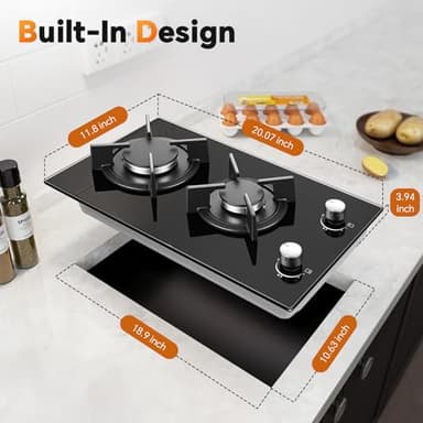 Gas Stove 2 Burner, Propane Cooktop 12 Inch, Built-in Gas Cooktop Black Tempered Glass Stove Top with Thermocouple Protection, LPG/NG Dual Fuel Hob for Apartment, Kitchen, RV - Image 2