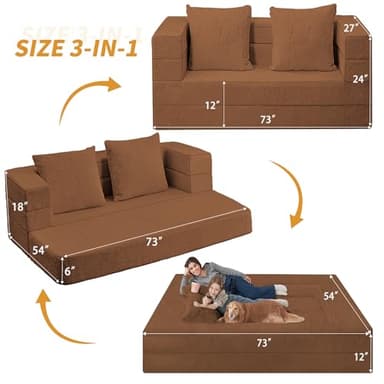 Cansunna Folding Bean Bag Chair for Adults,3-in-1 Bean Bag Couch Faux Fur Floor Sofa Large Beanbag Convertible Bean Bag Sofa Bed with Pillow in Bedroom,Living Room,Apartment(Queen,Caramel) - Image 3