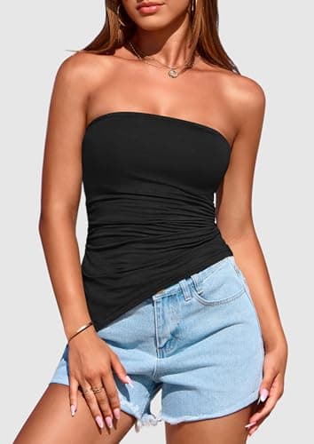 PRETTYGARDEN Womens Tube Top 2025 Summer Trendy Strapless Tops Going Out Outfits Ruched Asymmetrical Bandeau Shirts (Black,Small) - Image 3