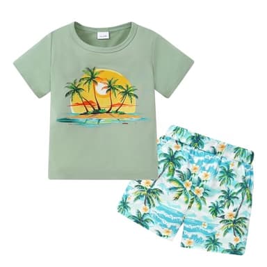 YUEMION Toddler Baby Boy Summer Outfit Baby Boy Clothes Short Sleeve T-Shirts Top + Shorts 2Pcs Boy Clothing Casual Set(Light green, 12-18 Months) - Image 1