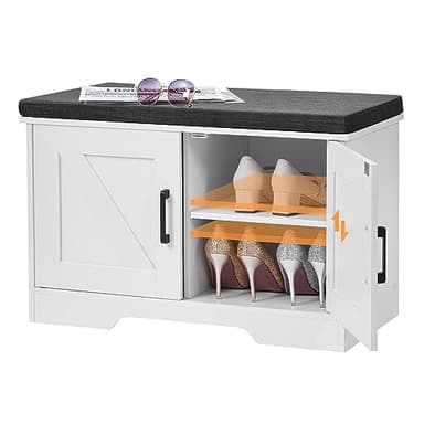 HOMSHO 2-Tier Storage Bench, 27.6" Wide Shoe Bench with Padded Seat Cushion, Entryway Bench with 2 Barn Doors and Adjustable Shelf, White - Image 9
