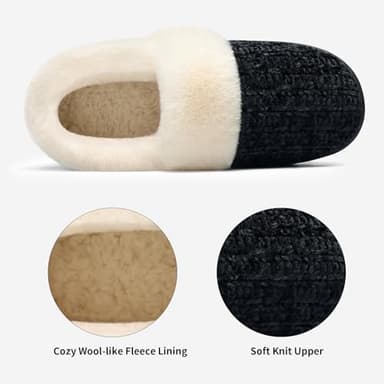 Evshine Women's Fuzzy Memory Foam Slippers, Closed Back Knit Bedroom Slippers, Slip-On Warm House Shoes for Indoor & Outdoor Comfort, Black/White, 44-45 (Size 11.5-12) - Image 4