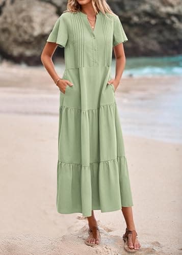 KIRUNDO Summer Maxi Dresses for Women 2025 Spring Fashion Short Sleeve Button V Neck Pleated Loose Tiered Swing Flowy Dress(Bean Green, X-Large) - Image 5