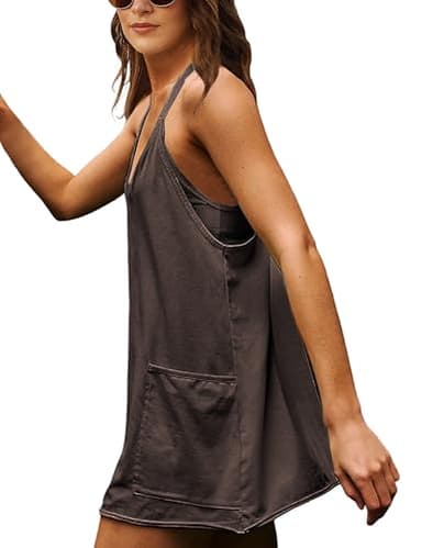 Yidarer Womens Summer Athletic Mini Dress Sleeveless Spaghetti Strap Built-in Shorts V Neck Sundress with Pockets (Coffee-M) - Image 3