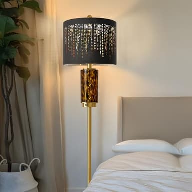 Oneach 63.75" Floor Lamp for Living Room, Modern Gold Lamp with LED Leopard Glass Night Light, Vintage Standing Lamp, Black Lampshade, Unique Luxury Tall Lamp for Bedroom Home Office(Bulb Included) - Image 7
