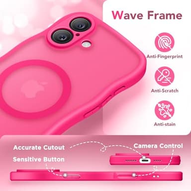 CAPRARO for iPhone 16 Case for Women Girls, Upgraded [Full Camera Protection] [Compatible with MagSafe] Cute Wave Translucent Matte Phone Case for iPhone 16, Hot Pink - Image 8