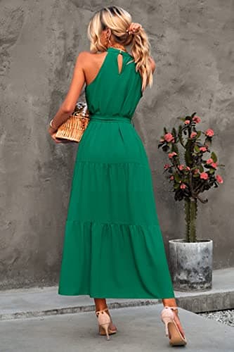 PRETTYGARDEN Women's Summer Maxi Sun Dress Sleeveless Halter Neck Flowy Ruffle Hem Long Boho Dresses with Belt (Solid Green,Medium) - Image 5
