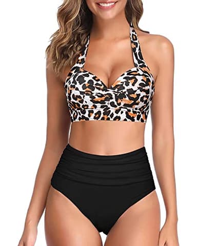 Tempt Me Women's Vintage Swimsuits Black Leopard Retro Halter Ruched High Waist Bikini with Bottom XL - Image 1