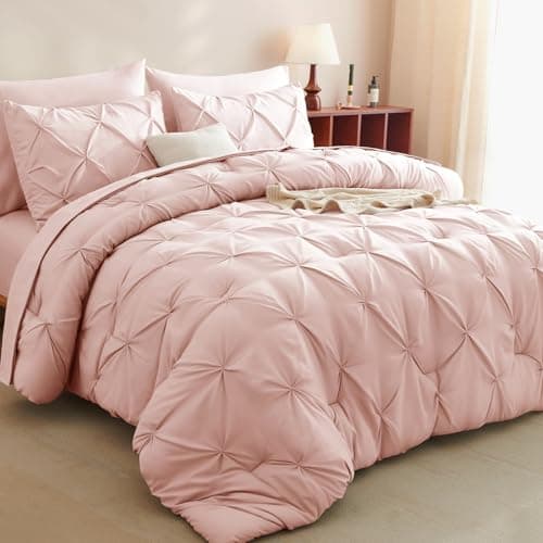 CozyLux Full Size Comforter Sets Blush Pink, 7 Pieces Pintuck Bed in A Bag Pink Comforter Full Size, Pinch Pleat Bedding Sets with All Season Comforter, Sheets, Pillowcases & Shams - Image 1