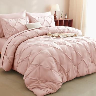 CozyLux Full Size Comforter Sets Blush Pink, 7 Pieces Pintuck Bed in A Bag Pink Comforter Full Size, Pinch Pleat Bedding Sets with All Season Comforter, Sheets, Pillowcases & Shams - Image 1