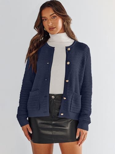 ANRABESS Womens Cardigan Sweater Long Sleeve Button Down Lady Tweed Knit Jackets 2025 Fall Outfits Navy Blue Medium - Image 7