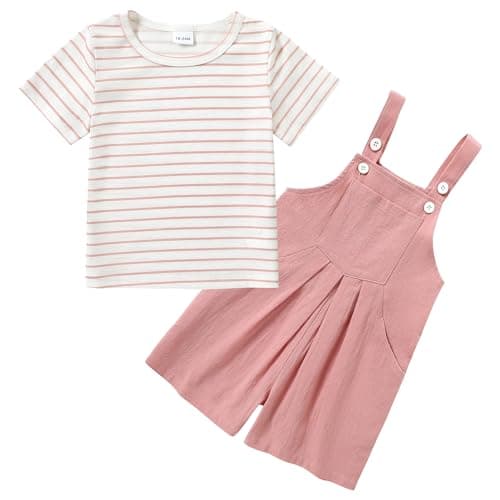 ZOEREA Toddler Girl Clothes, 2Pcs Baby Girl Outfits Spring/Summer Stripe/Floral T-Shirt+Bib Overall Shorts Clothing Set 1-5T (Pink A1, 18-24 Months) - Image 1