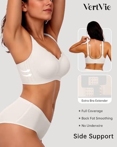 Vertvie Womens Seamless Bras No Underwire Supportive Wireless Push Up Full Coverage Bralette Comfort Scalloped T-Shirt Bra(White,Large) - Image 3