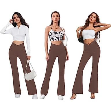 DLOODA Women's Flare Leggings with Pockets-Crossover High Waisted Bootcut Yoga Pants-Tummy Control Bell Bottom Leggings Brown - Image 2