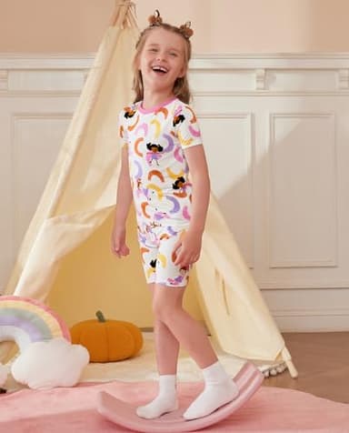 babee Reshinee Bamboo Viscose Toddler Girls Kids Short Sleeve Pajamas 2-3T Years Pink Rainbow Summer Cool Soft 2pcs Set Pjs Pyjamas Jammies - Image 2