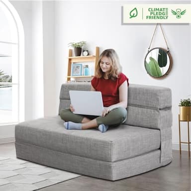 ANONER 60" Folding Sleeper Chair Sofa Bed Lazy Couch with 2 Pillows, Queen Size Memory Foam Washable Cover, Light Gray - Image 5
