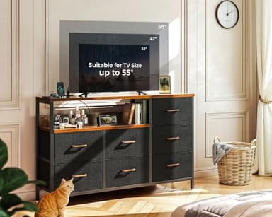 AODK Dresser with Charging Station, 52-Inch Long Dressers for Bedroom with 7 Large Fabric Drawers, Dresser TV Stand with Open Shelves for 55-Inch TV, Vintage - Image 7